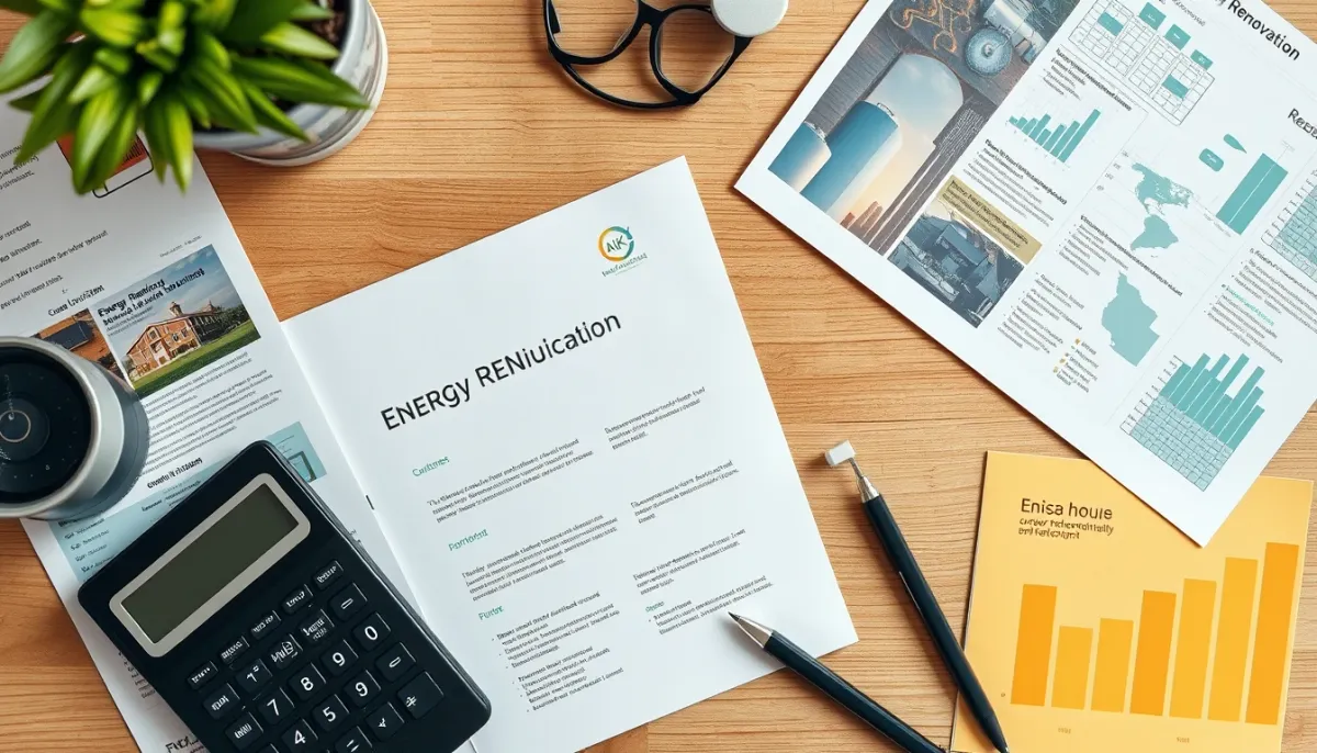 Documents et brochures sur les aides à la rénovation énergétique avec une calculatrice, symbolisant les subventions pour l'isolation extérieure