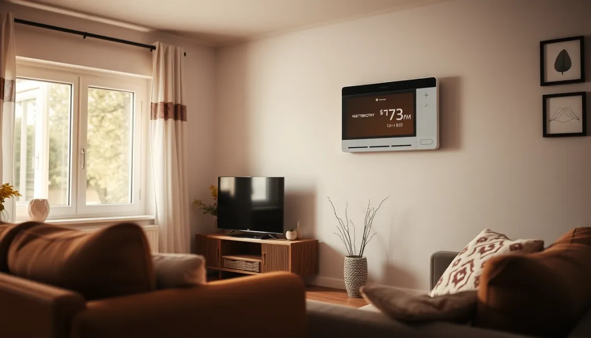 Salon confortable avec thermostat mural d'une pompe à chaleur Hitachi Yutaki
