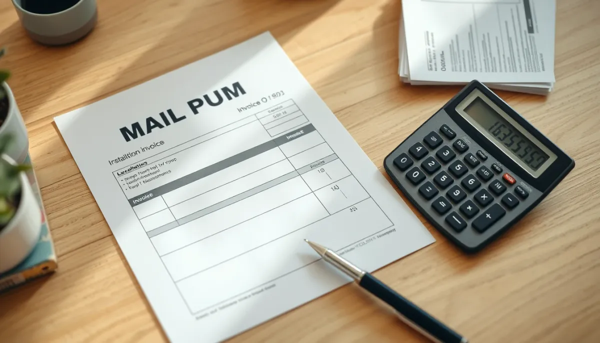 Facture et calculatrice sur un bureau pour illustrer le prix posé d'une pompe à chaleur