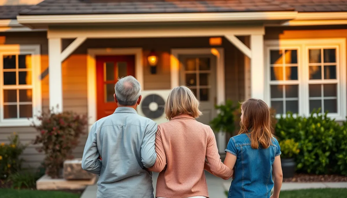 Famille devant sa maison équipée d'une pompe à chaleur Hitachi Yutaki