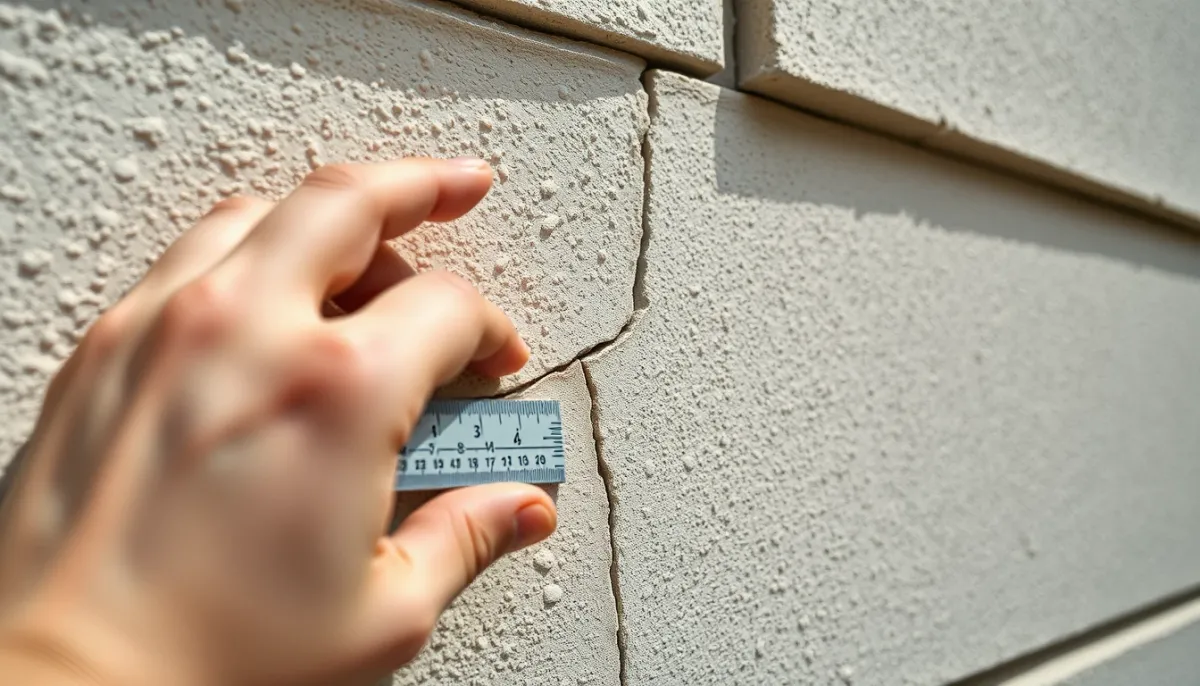 Inspection de fissures sur un enduit extérieur avec une règle pour mesurer leur largeur