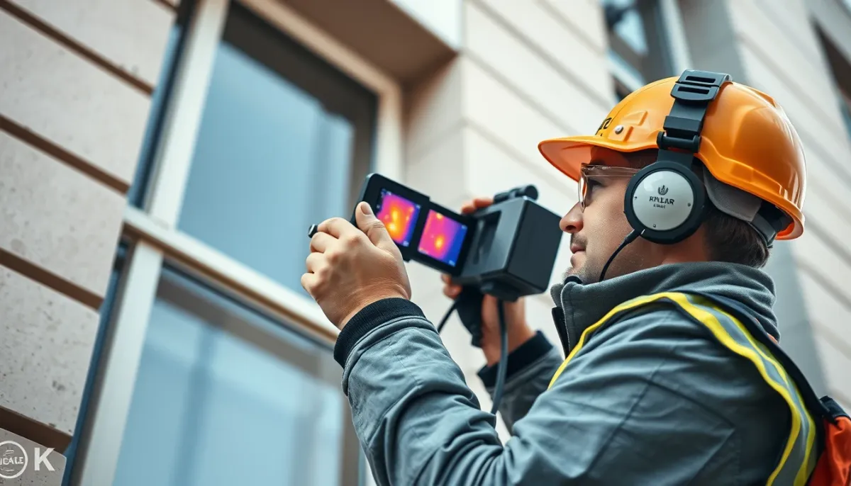 Installateur qualifié utilisant une caméra thermique pour diagnostiquer l'isolation extérieure