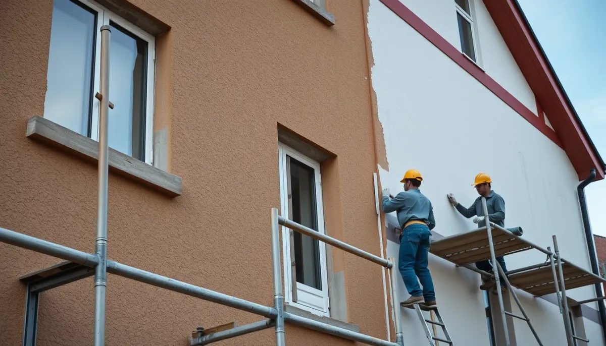 Travaux de réparation d'une isolation extérieure avec échafaudage et application d'un nouvel enduit