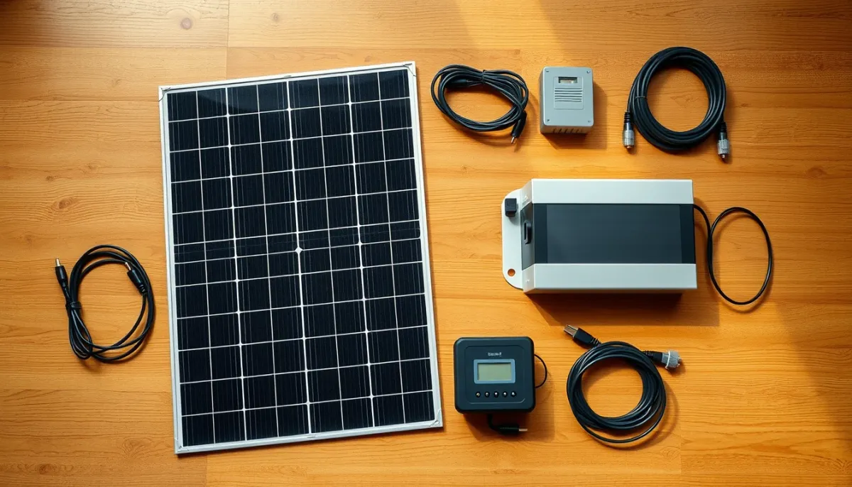 Composants d'un kit solaire plug and play : panneau, micro-onduleur, câbles et prise renforcée