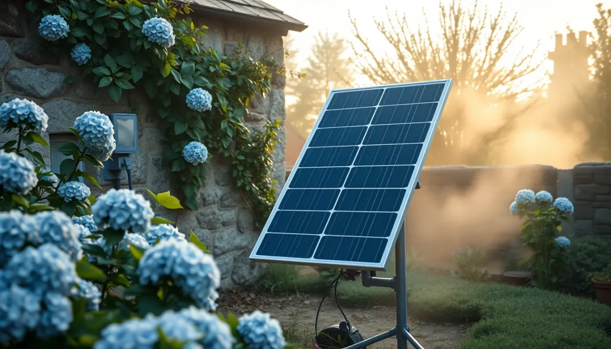 Panneau solaire plug and play installé dans un jardin breton avec hortensias et mur en pierre