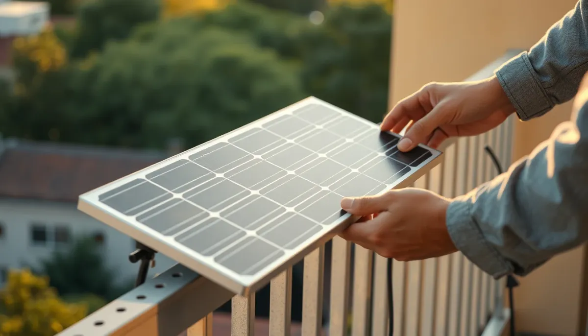 Installation d'un panneau solaire plug and play sur un balcon, gros plan sur les mains et le matériel