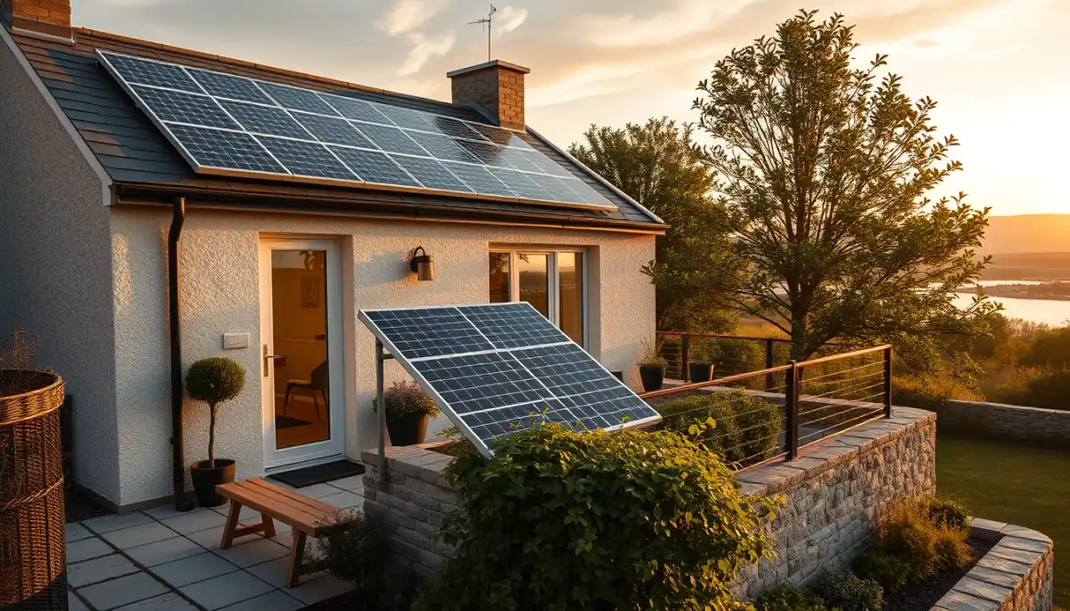 Maison bretonne moderne équipée d'un panneau solaire plug and play sur la terrasse, à l'heure dorée
