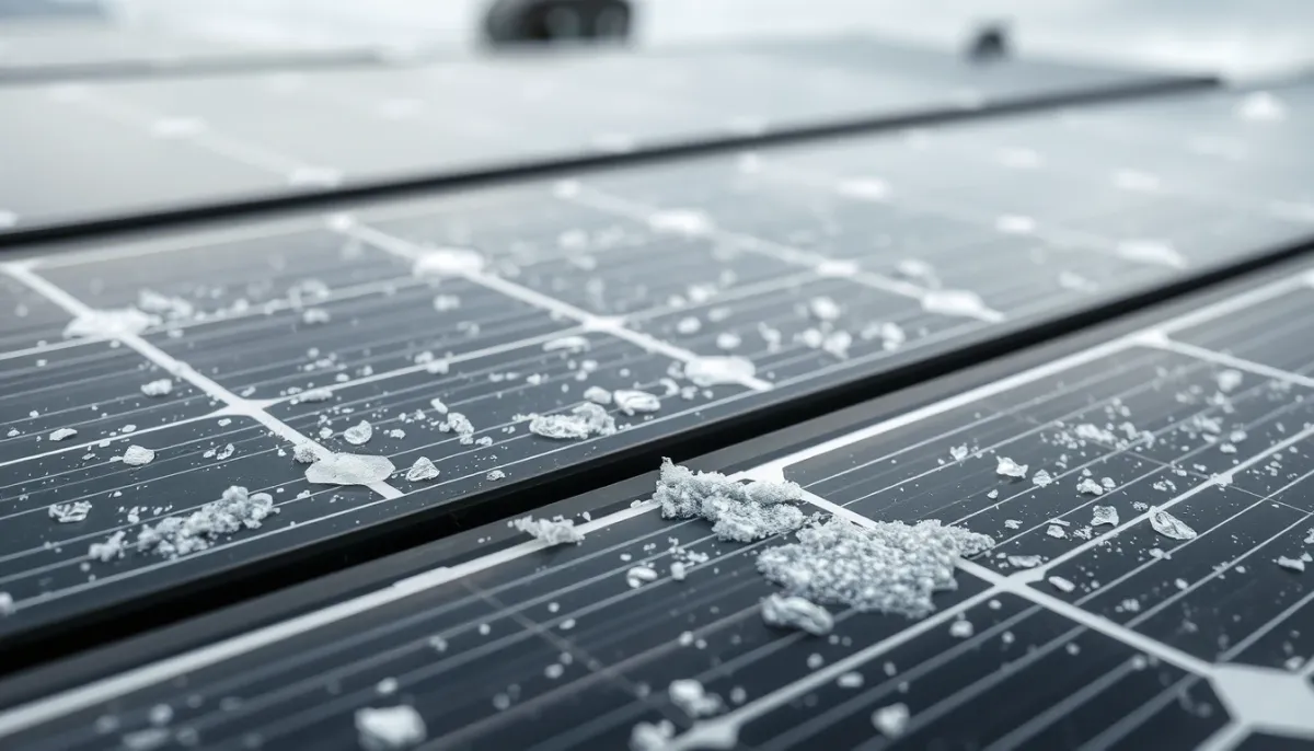 Détail de panneaux solaires avec des dépôts de sel et des fientes d'oiseaux