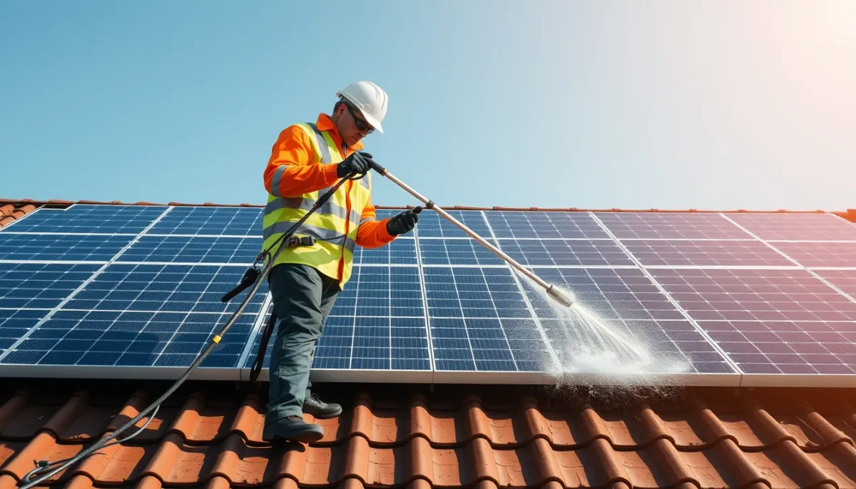Nettoyage professionnel de panneaux solaires avec une perche télescopique à eau