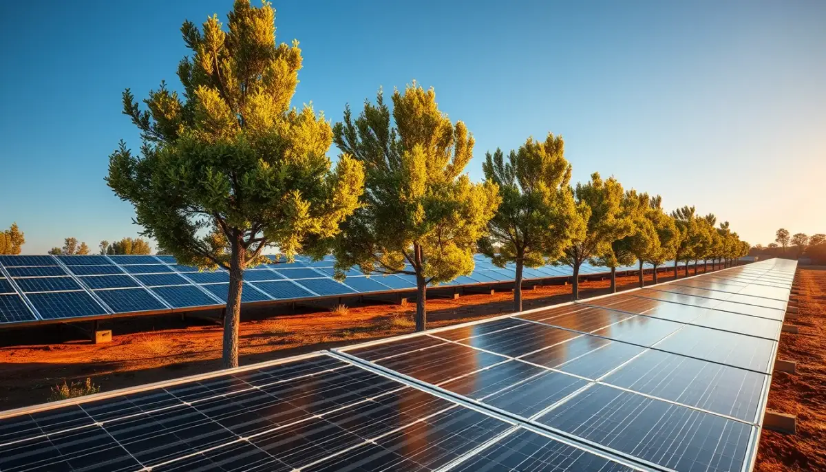Installation de panneaux solaires bien entretenue avec des arbres taillés autour
