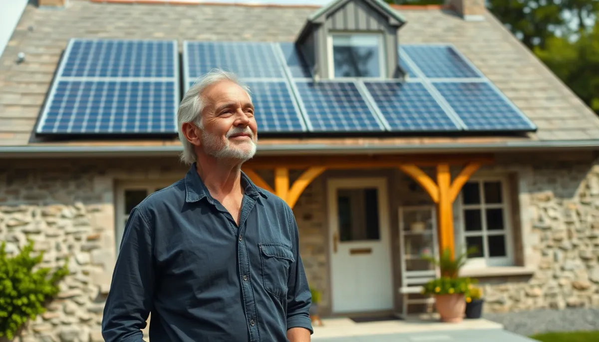 Propriétaire devant sa maison équipée d'un kit solaire autoconsommation 3000 W