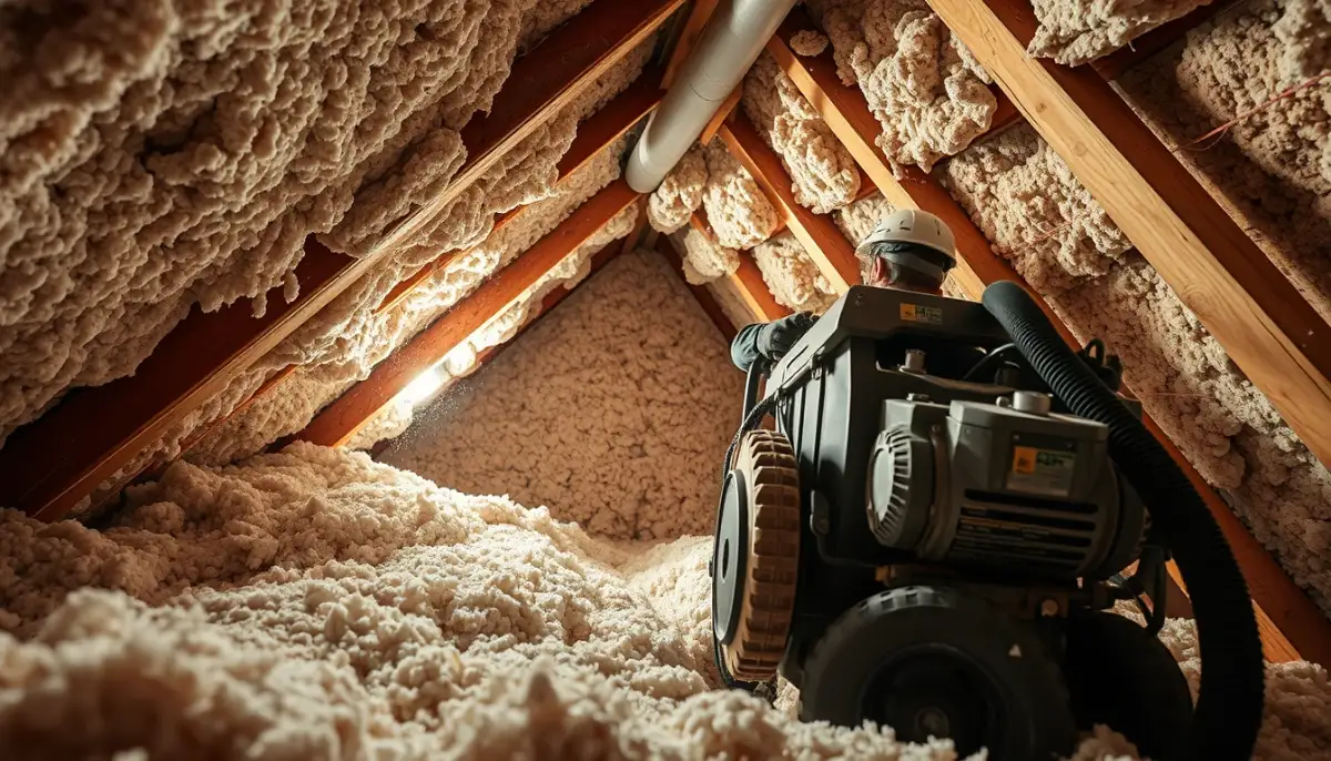 Artisan soufflant de la ouate de cellulose dans des combles perdus