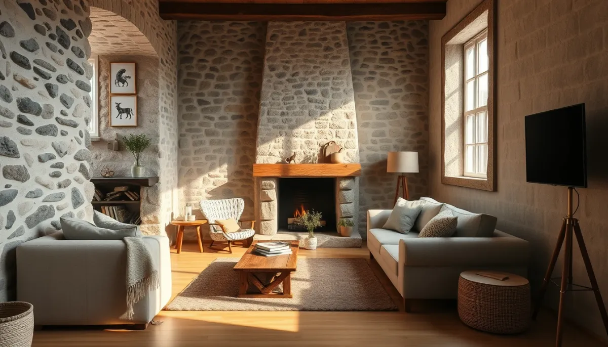 Intérieur confortable d'une maison bretonne avec murs en pierre et isolation