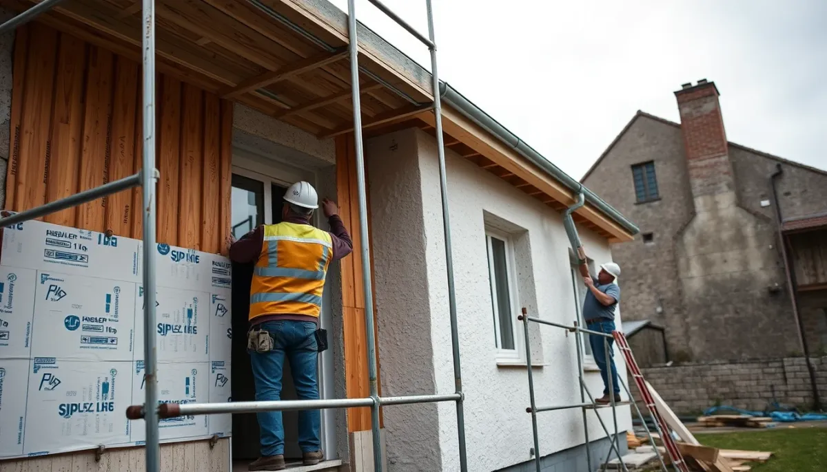 Chantier d'isolation par l'extérieur dans le Finistère avec échafaudage