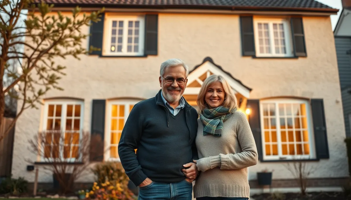 Couple devant une maison bretonne rénovée avec isolation par l'extérieur