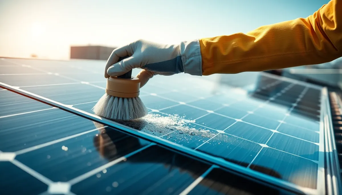 Nettoyage professionnel d'un panneau photovoltaïque avec une brosse douce