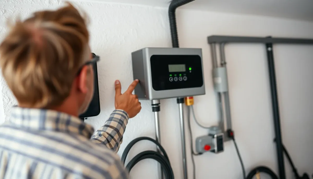 Propriétaire vérifiant les voyants de l'onduleur d'une installation photovoltaïque