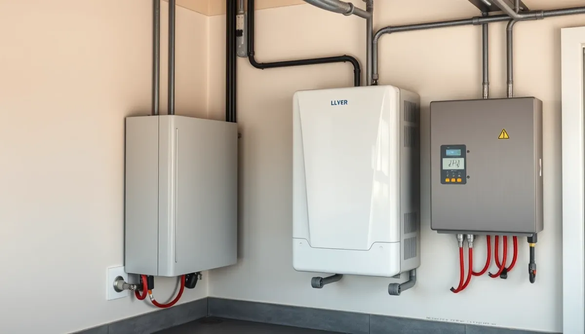 Batterie solaire résidentielle et onduleur hybride installés sur un mur de garage