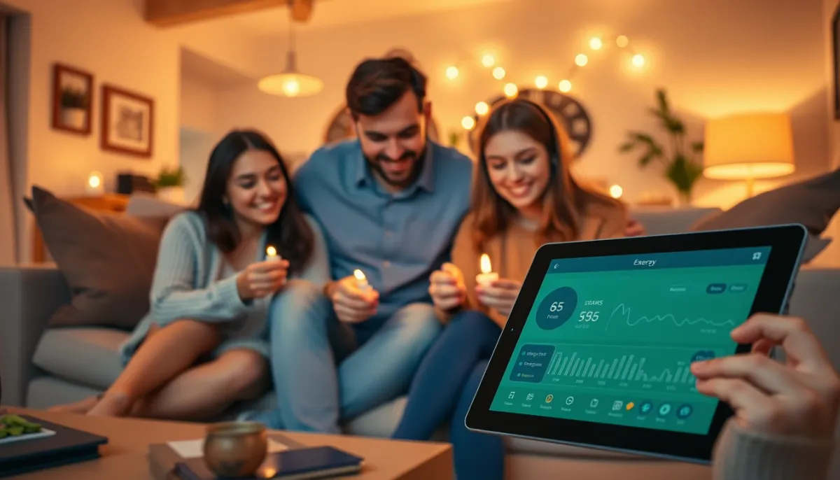 Famille utilisant l'électricité solaire stockée le soir dans un salon