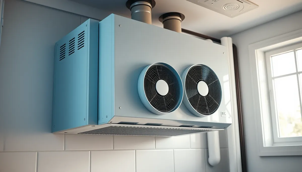 Centrale de ventilation double flux performante installée dans un local technique, montrant l'échangeur et les filtres