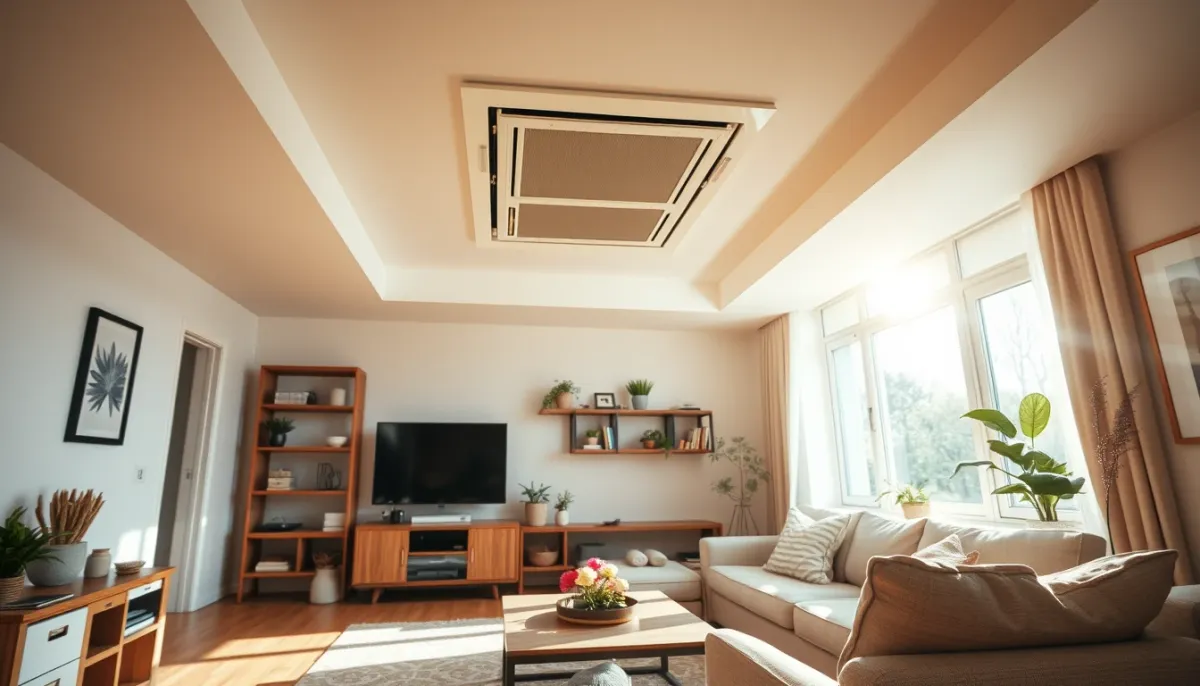 Salon confortable avec bouche de ventilation double flux au plafond, illustrant le confort quotidien après isolation