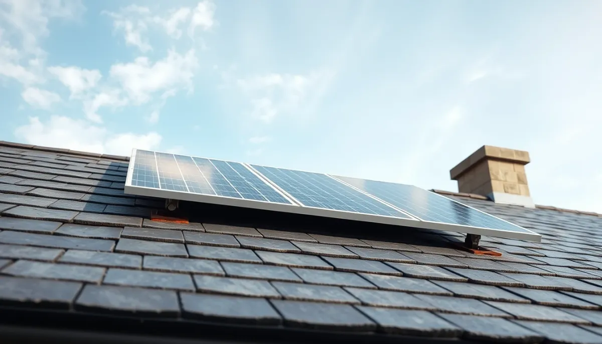 Détail d'une installation de panneaux solaires en surimposition sur toiture ardoise