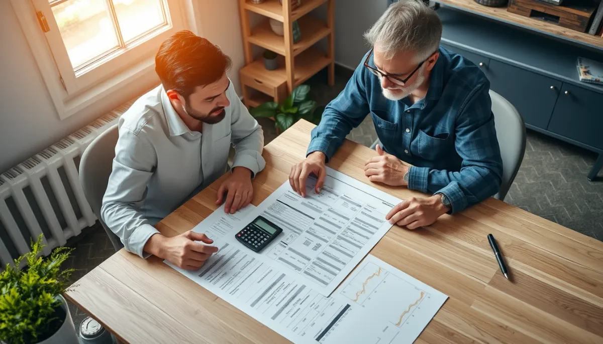 Installateur et propriétaire examinant un devis pour panneaux photovoltaïques
