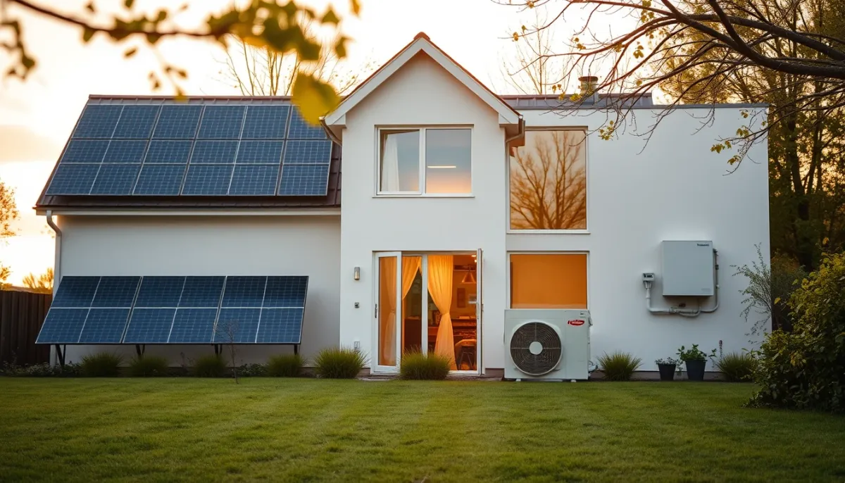 Maison équipée de panneaux solaires et d'une pompe à chaleur, solution énergétique globale