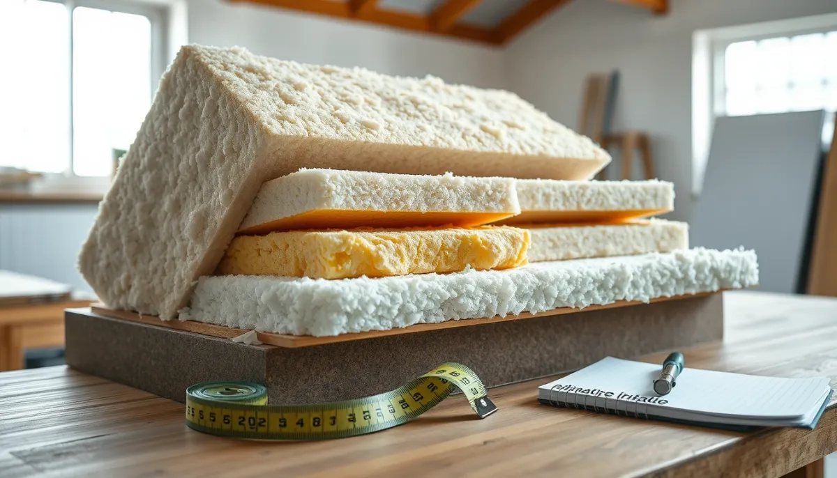 Échantillons de matériaux isolants (laine de verre, ouate de cellulose, panneaux rigides) pour l'isolation des combles