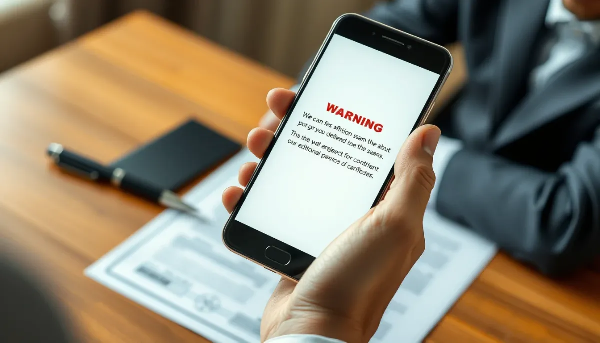 Personne consultant un avertissement sur son smartphone pour éviter les arnaques à l'isolation des combles