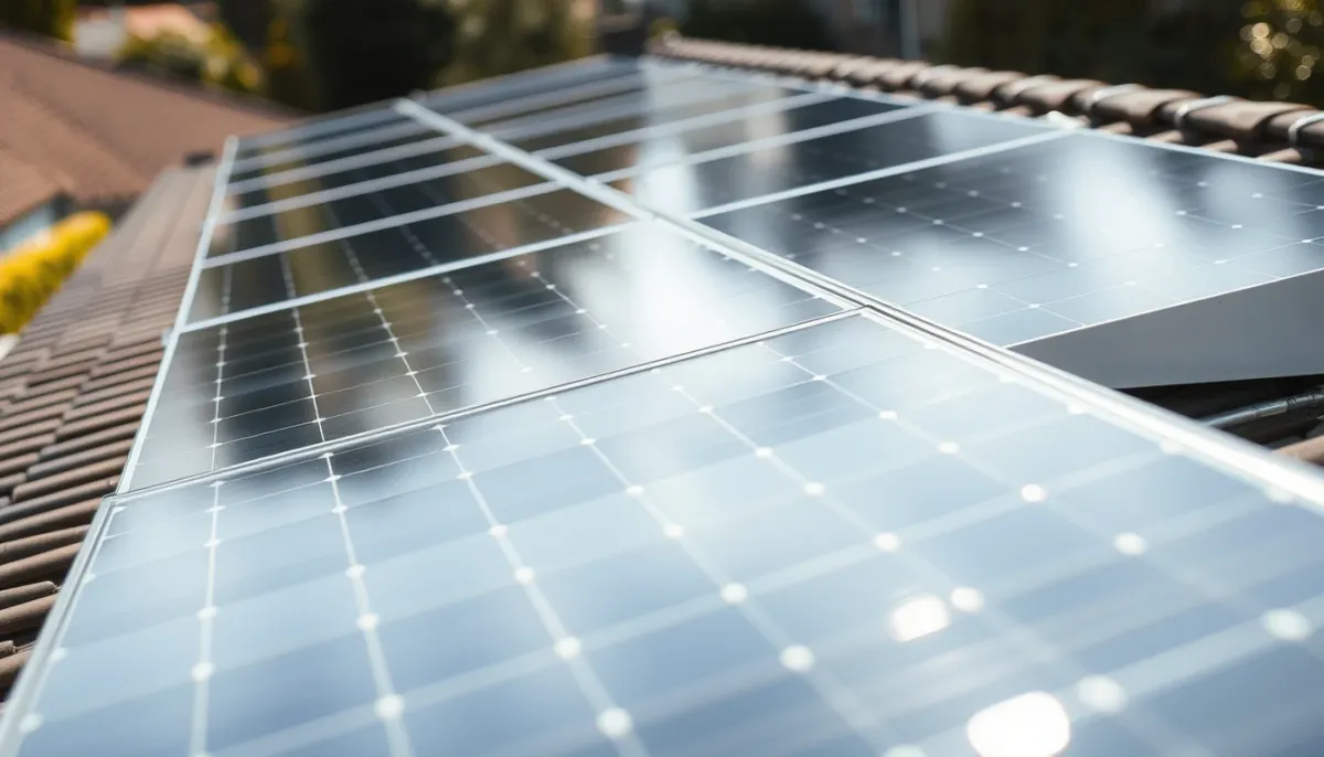 Gros plan sur des panneaux solaires photovoltaïques installés sur une toiture résidentielle