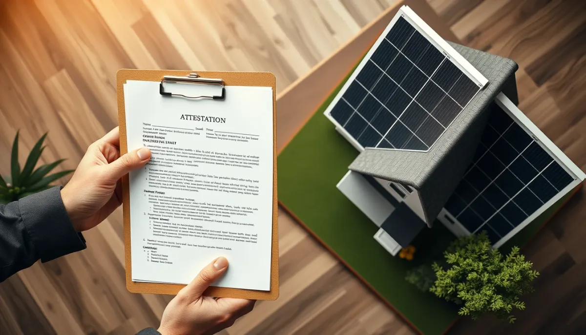Mains tenant un document d'attestation à côté d'une maquette de maison et d'un échantillon de panneau solaire