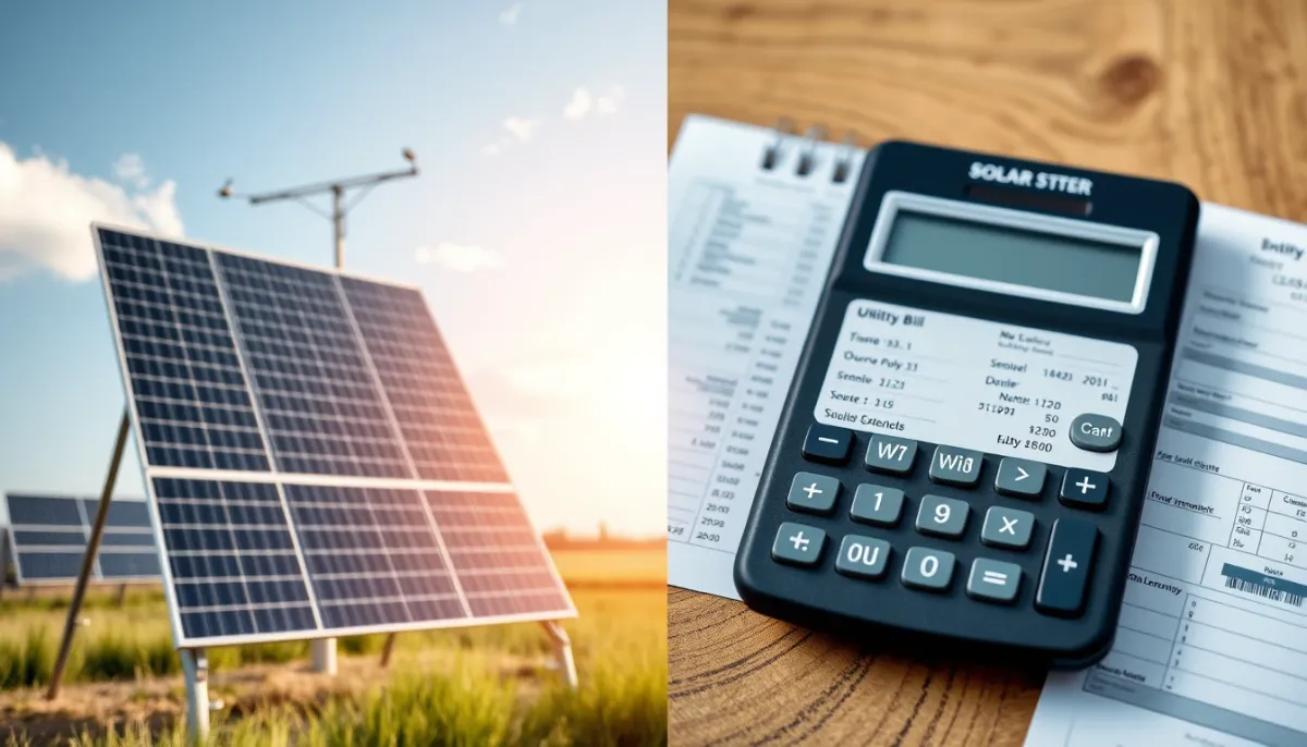 Composition visuelle avec des panneaux solaires et une calculatrice posée sur une facture d'électricité