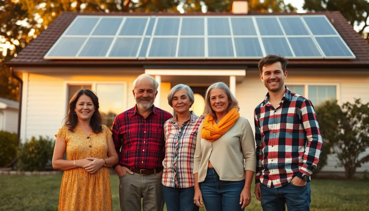 Groupe de personnes représentant différents profils de propriétaires devant une maison avec panneaux solaires