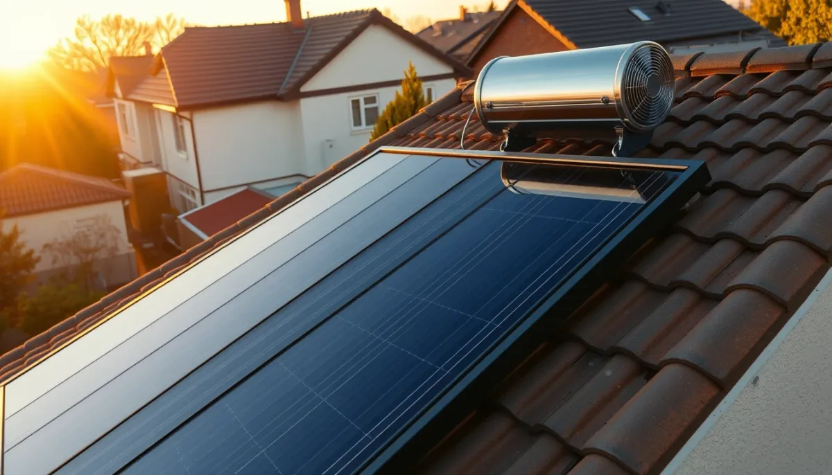 Installation de panneaux solaires thermiques sur une maison au coucher du soleil