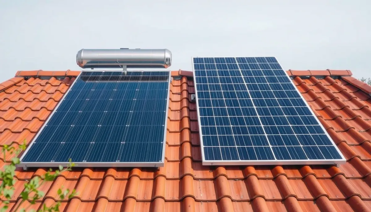 Comparaison visuelle entre panneaux solaires thermiques et photovoltaïques sur un toit