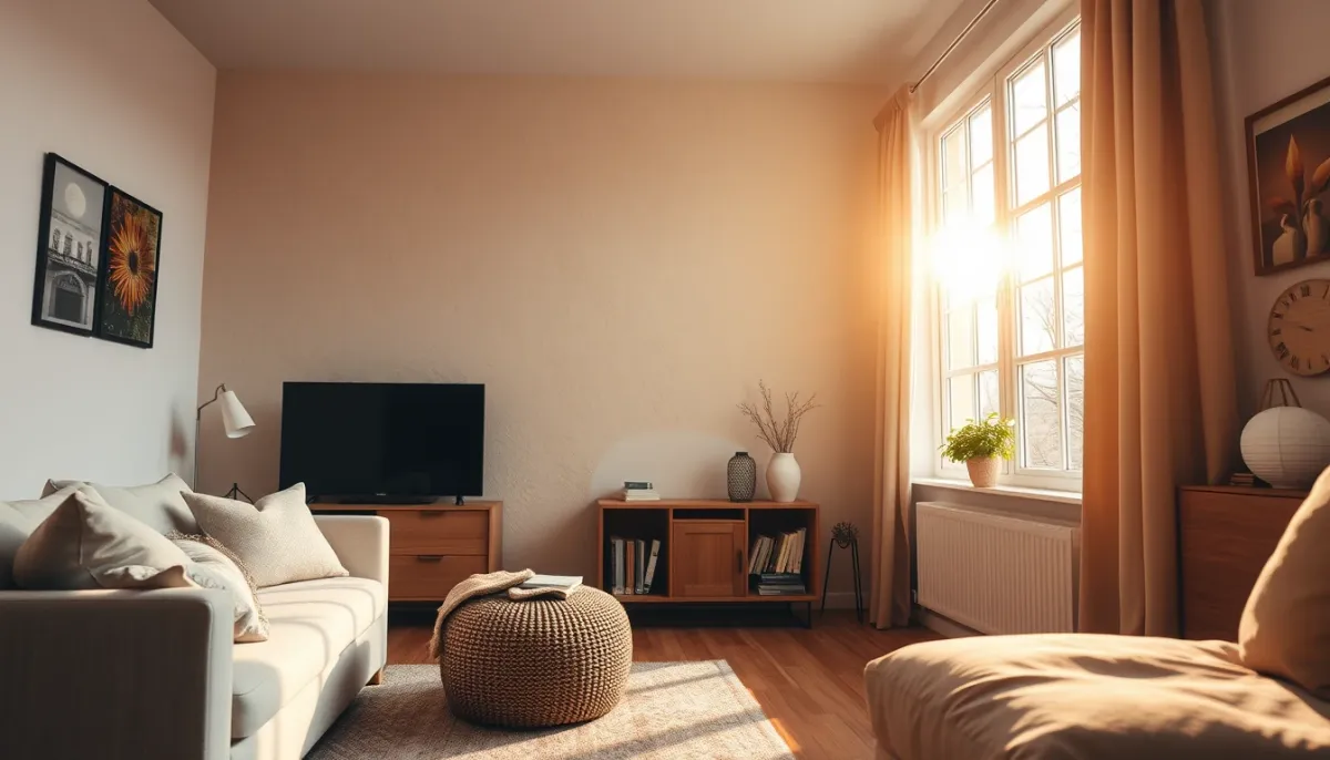 Intérieur confortable d'un salon avec un mur épais isolé par l'extérieur et une lumière naturelle abondante