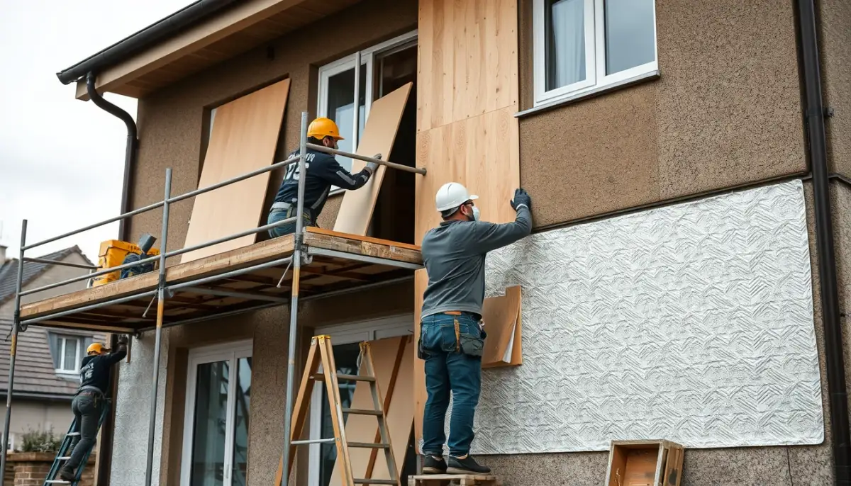 Chantier d'isolation extérieure en Finistère avec des artisans posant des panneaux isolants sur une façade