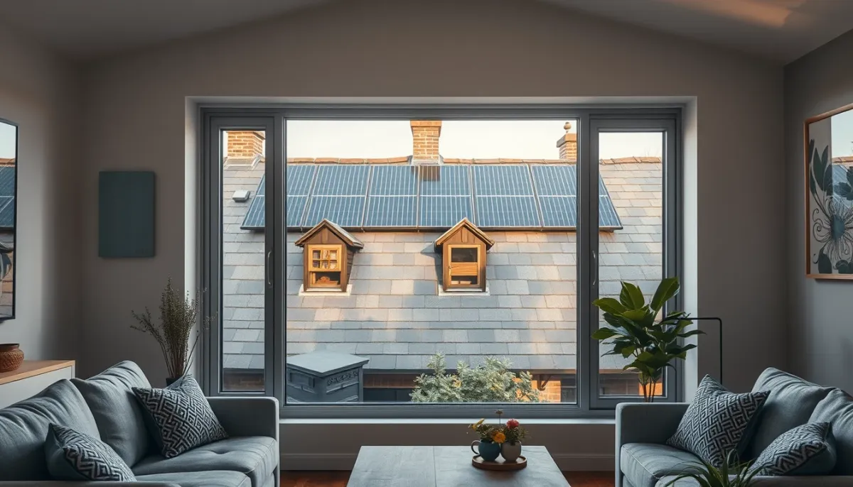 Intérieur d'une maison avec vue sur toiture en ardoise et panneaux solaires