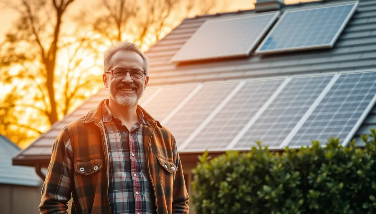 Propriétaire devant sa maison équipée de panneaux solaires sur toit en ardoise